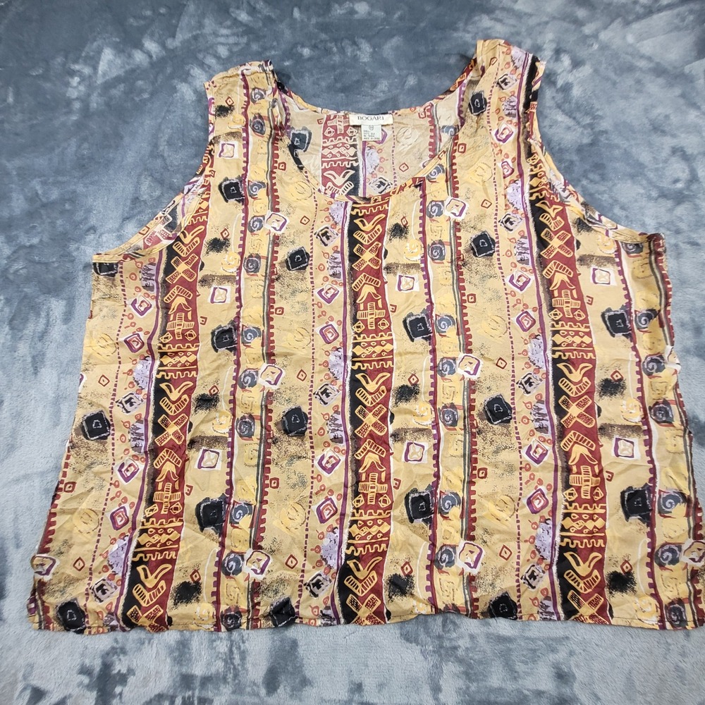 Bogari Vintage 100% Silk Tribal Print Sleeveless Tank Top Mustard Yellow 18W